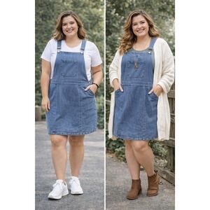 Agnes Orinda Womens Plus 1X Denim Overall Pinafore Dress Med Wash Blue Stretch